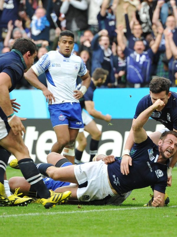 2BMNMC6 10th October 2015, Rugby World Cup Pool B: Samoa v Scotland, St James Park, Newcastle. Scotland's Greig Laidlaw celebrates after scoring a try.
